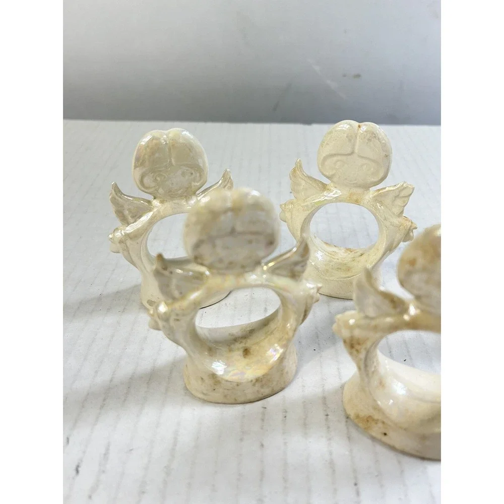 Vintage Iridescent Ceramic Angel Napkin Rings‎ Set of 5 Cream Pearlized Finish